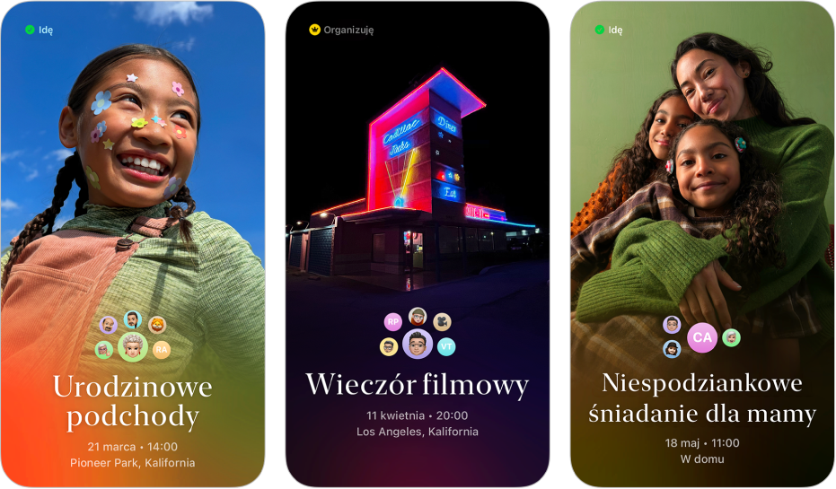 Trzy zaproszenia z aplikacji Zaproszenia Apple. Każde zaproszenie ma zdjęcie w tle, imię i/lub nazwisko, datę, godzinę i miejsce.