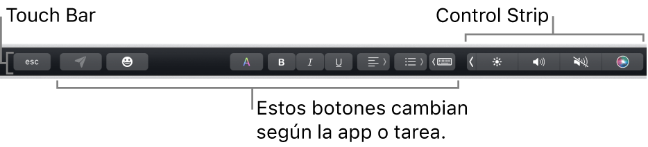 La Touch&nbsp;Bar en la parte superior del teclado, con la Control&nbsp;Strip contraída a la derecha y botones que varían según la app o la tarea.
