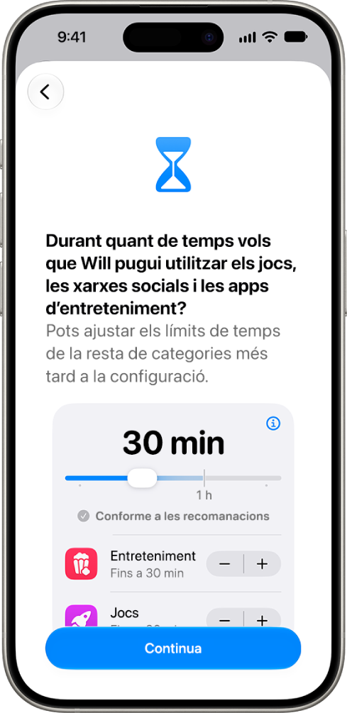 A la pantalla de configuració dels controls parentals es mostra el temps que es permet en categories d’apps com ara xarxes socials i entreteniment.