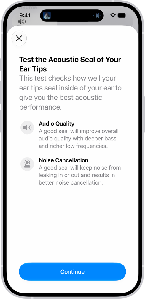 An iPhone screen displaying a test to measure the acoustic seal of AirPods Pro 3.
