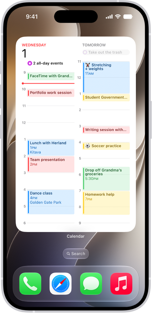 The iPhone Home Screen with an extra-large Calendar widget.