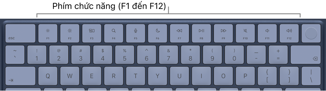 Bàn phím MacBook Neo, cho thấy hàng phím chức năng ở trên cùng.