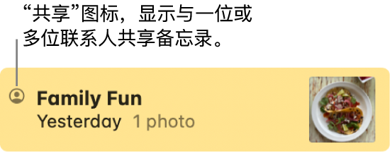 “信息”对话中已与他人共享的备忘录，备忘录名称左侧是“共享”图标。