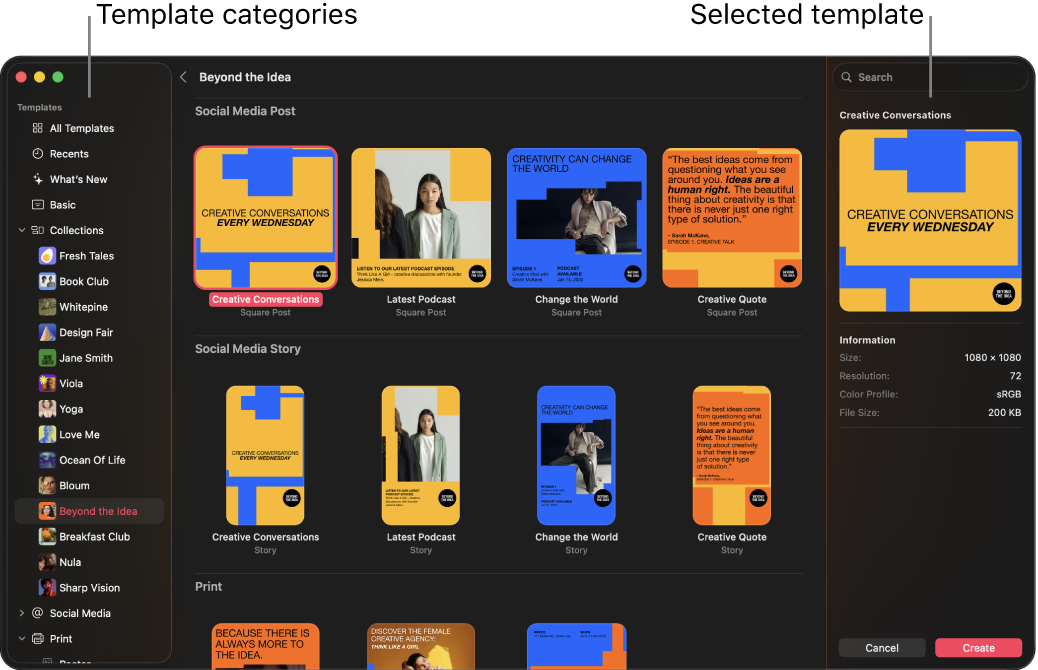 The document browser showing a variety of available templates.
