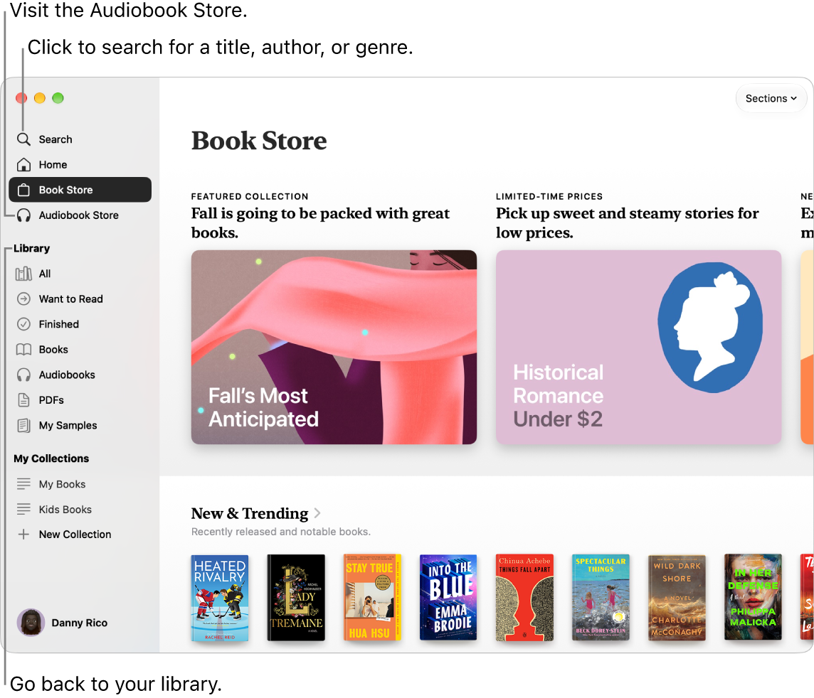The main window of the Book Store. On the left is the sidebar. The search field, which you can use to search for books and audiobooks, is at the top of the sidebar.