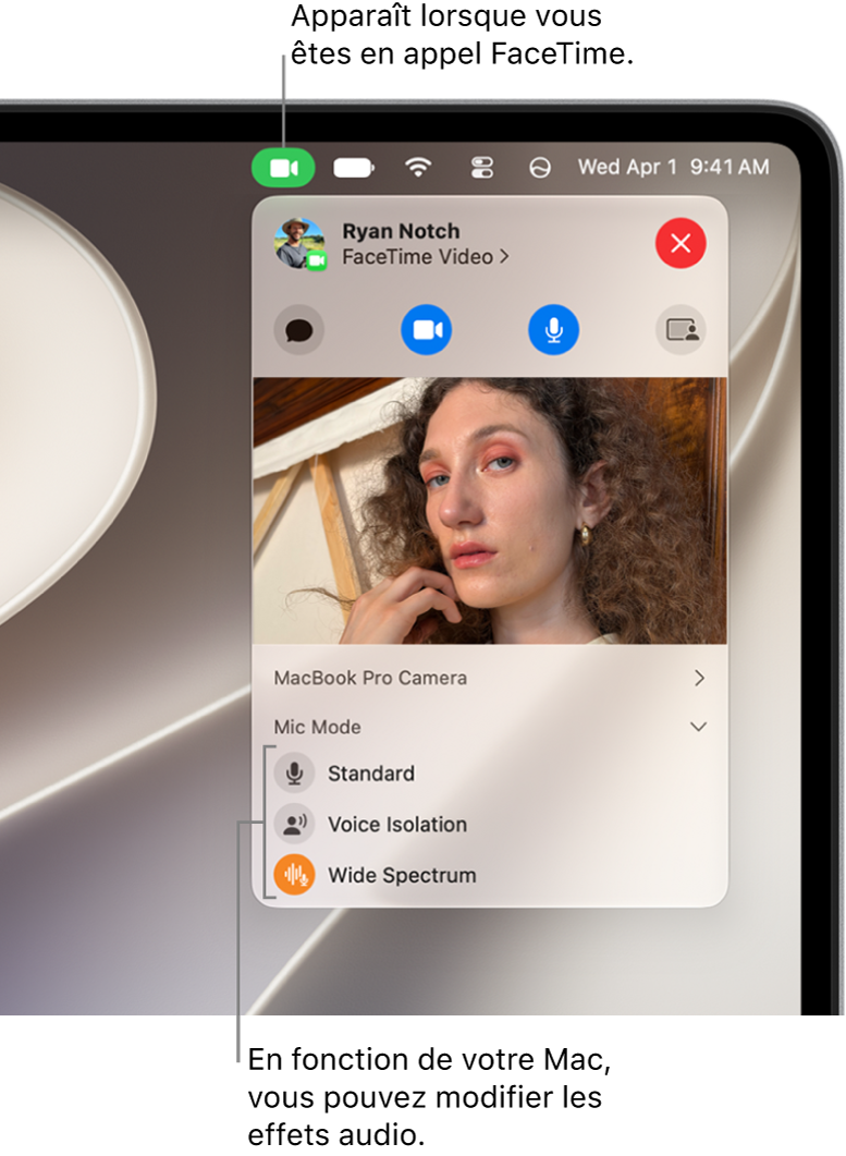 Centre de contrôle dans le coin supérieur droit de l’écran Mac, affichant le bouton Vidéo (qui apparaît lorsque vous êtes dans un appel FaceTime) et les options Mode micro (qui modifient les effets audio, selon votre Mac).