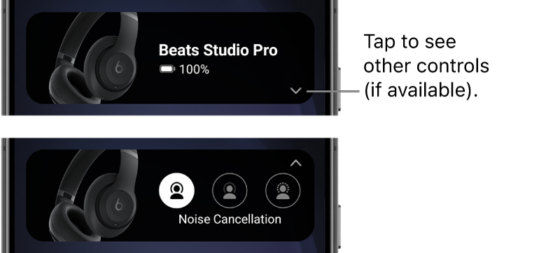 The first image shows the Beats app widget displaying connected Beats&nbsp;Studio&nbsp;Pro headphones and a button to display other controls; the second image shows the Noise Cancellation controls in the widget.