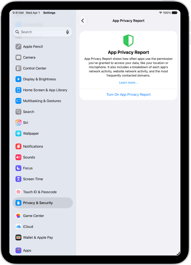 Der Bildschirm „App-Datenschutzbericht“, auf dem du einen Bericht aktivieren kannst, der anzeigt, wie häufig Apps die ihnen erteilten Zugriffe nutzen, sowie ihre Netzwerkaktivität.