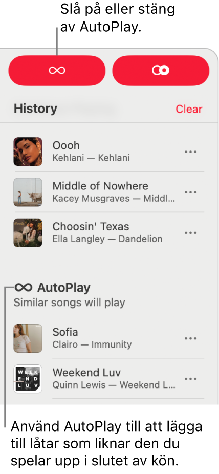 Historiken är synlig i övre högra hörnet av Musik. Avsnittet AutoPlay visas också.