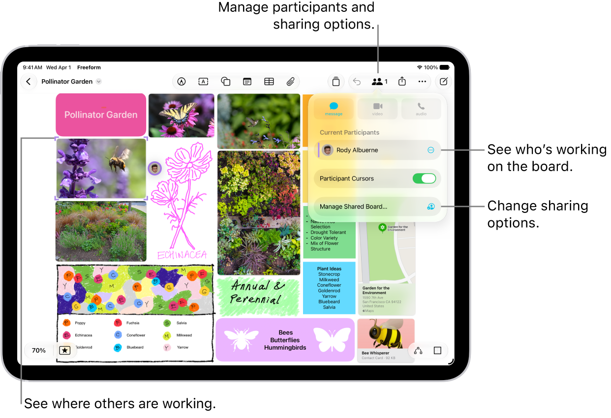 A shared Freeform board on iPad with the collaboration menu open and the location other participants on the board marked with color tick marks.