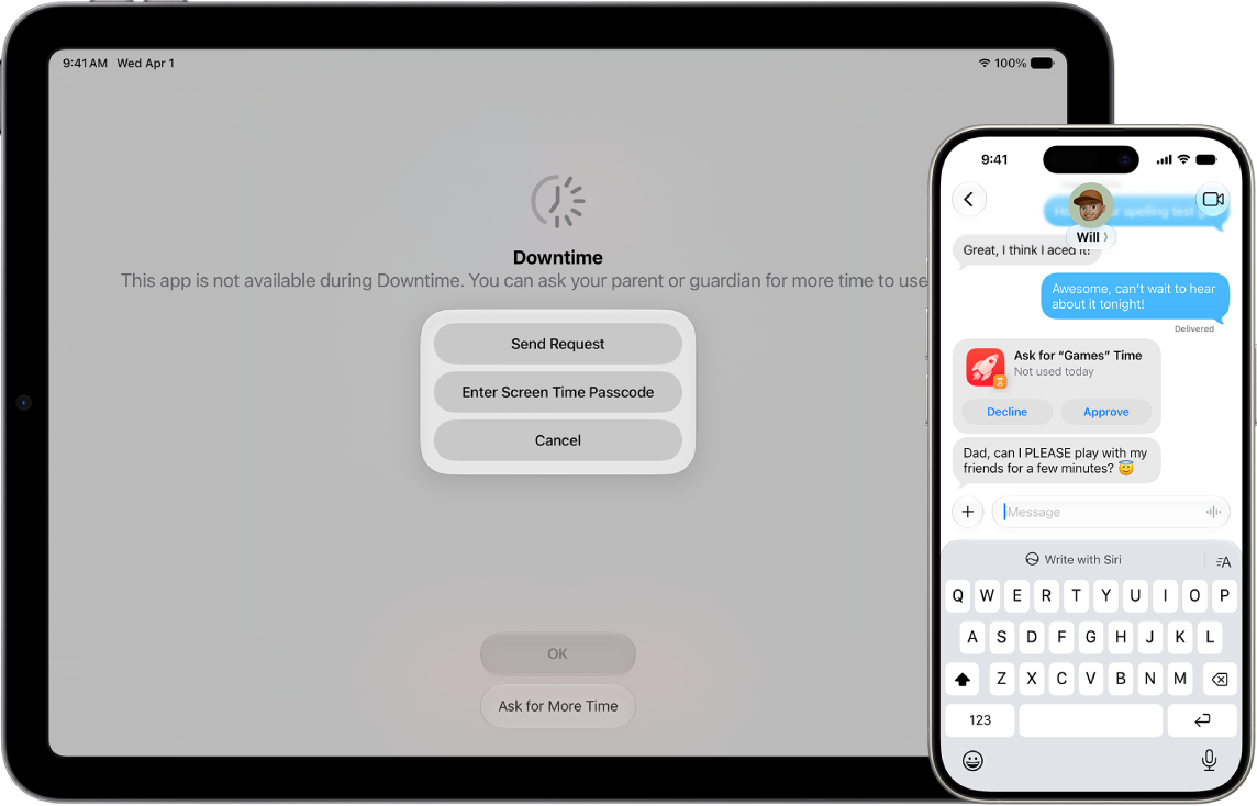 A child's iPad showing a screen that they have reached their Screen Time limit in the Games app. A parent's iPhone showing a request in messages for more time in the Games app.