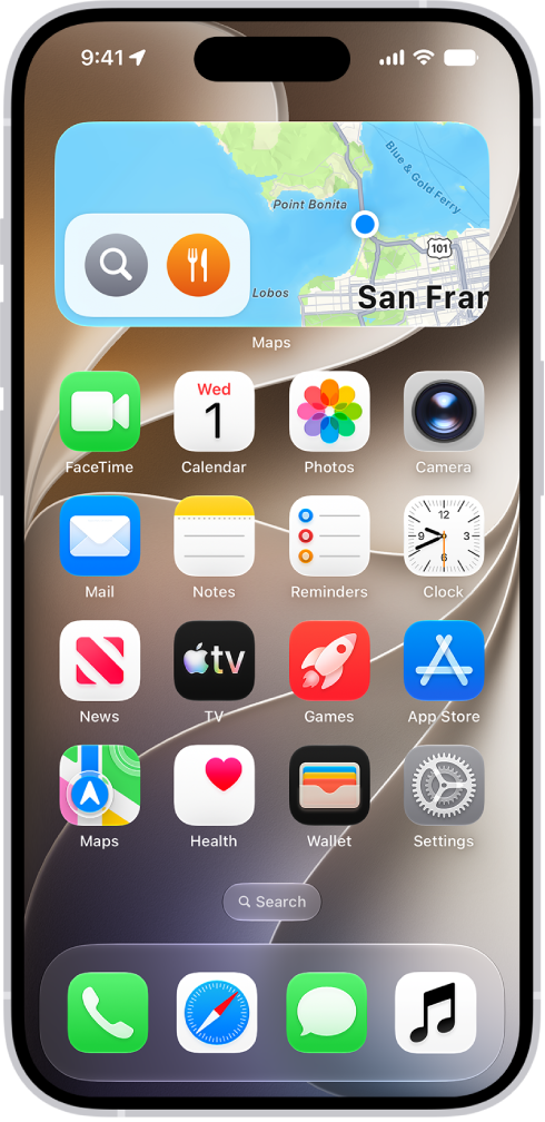 The Maps widget, other widgets, and app icons on an iPhone Home Screen.