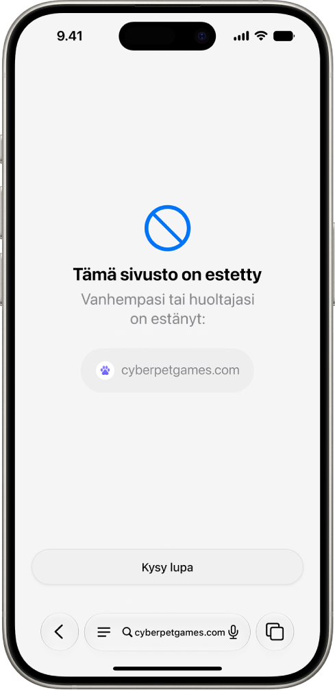 Pyydä lupa selata -näyttö, jossa näkyy estetty sivusto Safarissa ja valinta, jossa sivuston katseluun pyydetään lupaa.