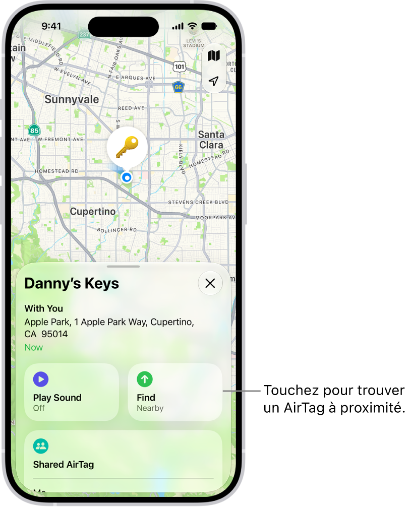L’app Localiser ouverte, montrant les clés de Danny dans Golden Gate Park. Touchez le bouton Localiser pour rechercher un AirTag à proximité.