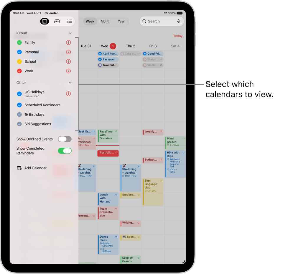 The Calendars list, with checkmarks indicating which calendars are active. The Done button for closing the list is in the top-right corner. The Add Calendar button is in the bottom-left corner.