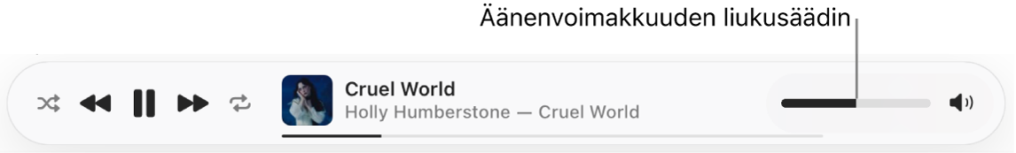 Äänenvoimakkuuden liukusäädin Apple&nbsp;Musicin alareunassa.