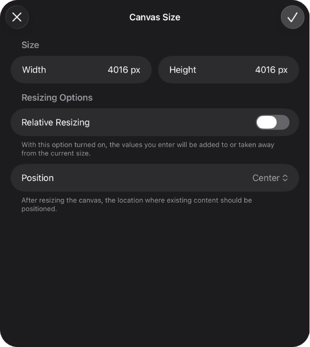 Canvas size dialog showing controls to modify canvas size.
