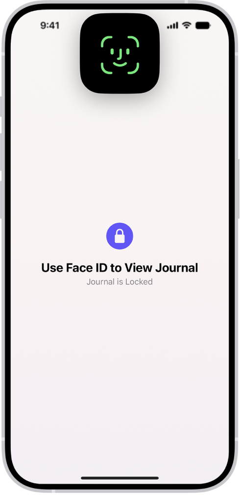 A screen in the Journal app that prompts you to use Face ID to unlock your journal.