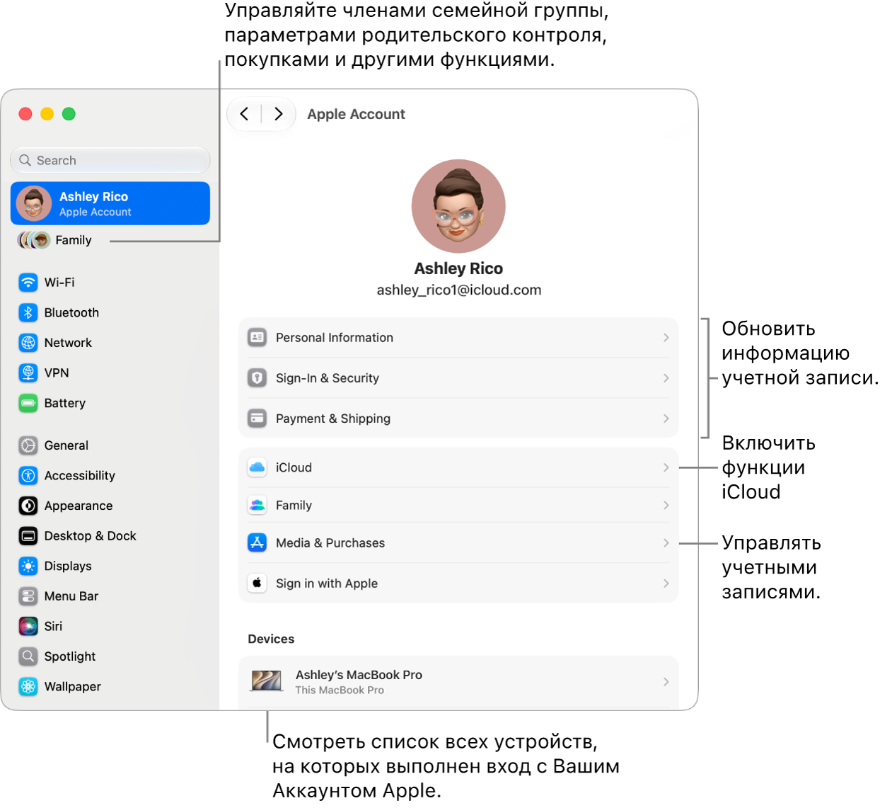 Настройки Аккаунта Apple в&nbsp;Системных настройках. Выносками показаны параметры обновления сведений учетной записи, включения или выключения функций iCloud и&nbsp;управления настройками учетных записей для мультимедиа. В&nbsp;разделе Семейного доступа показаны параметры для настройки устройств членов семьи, родительского контроля, покупок и&nbsp;другие.