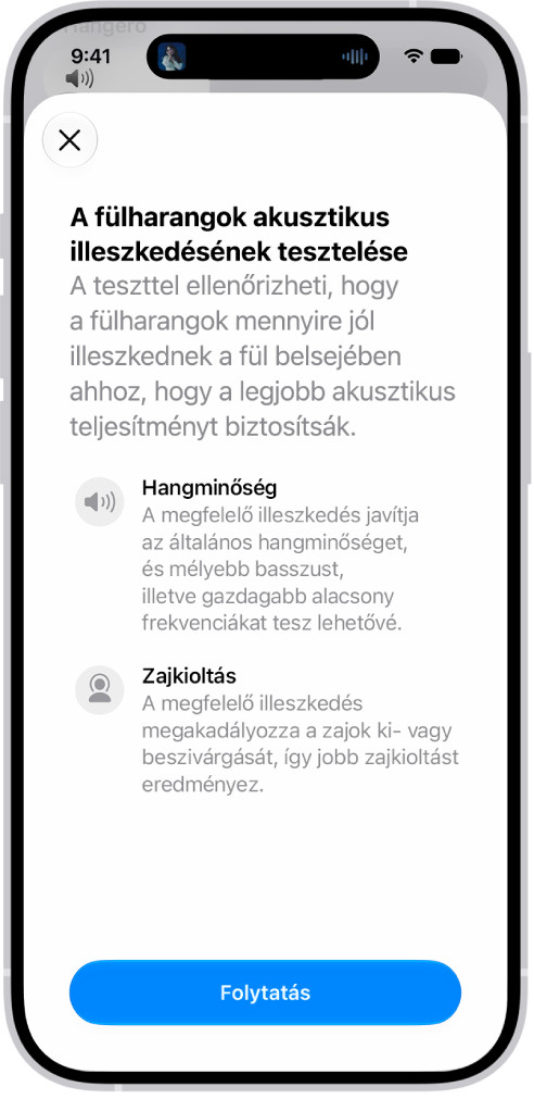 Egy iPhone képernyője, amelyen egy teszt látható az AirPods Pro 3 akusztikus illeszkedésének méréséhez.