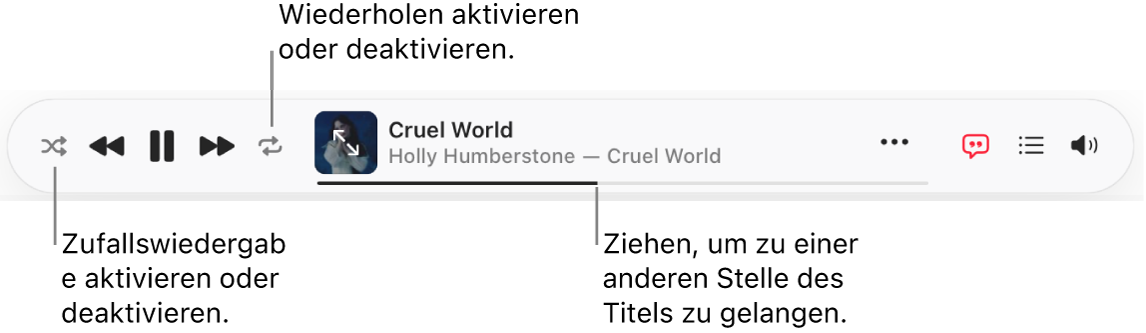 Der obere Bereich von Apple&nbsp;Music zeigt einen Musiktitel, der gerade wiedergegeben wird. Ganz links befinden sich die Wiedergabesteuerungen.