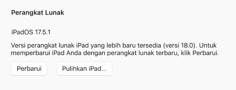 Tombol “Pulihkan [perangkat]” muncul di samping tombol “Periksa Pembaruan”.