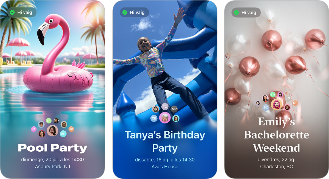 Tres invitacions de l’app Invitacions d’Apple. Cadascuna té una foto de fons, un nom, una data, una hora i una ubicació.