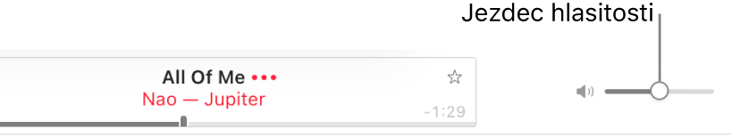Posuvný jezdec hlasitosti vpravo nahoře v okně Apple Music