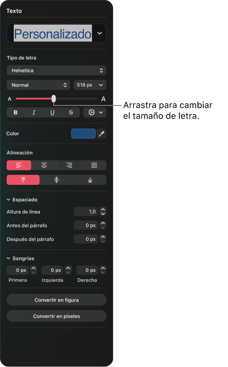 El panel Texto con un regulador para aumentar el tamaño de la letra
