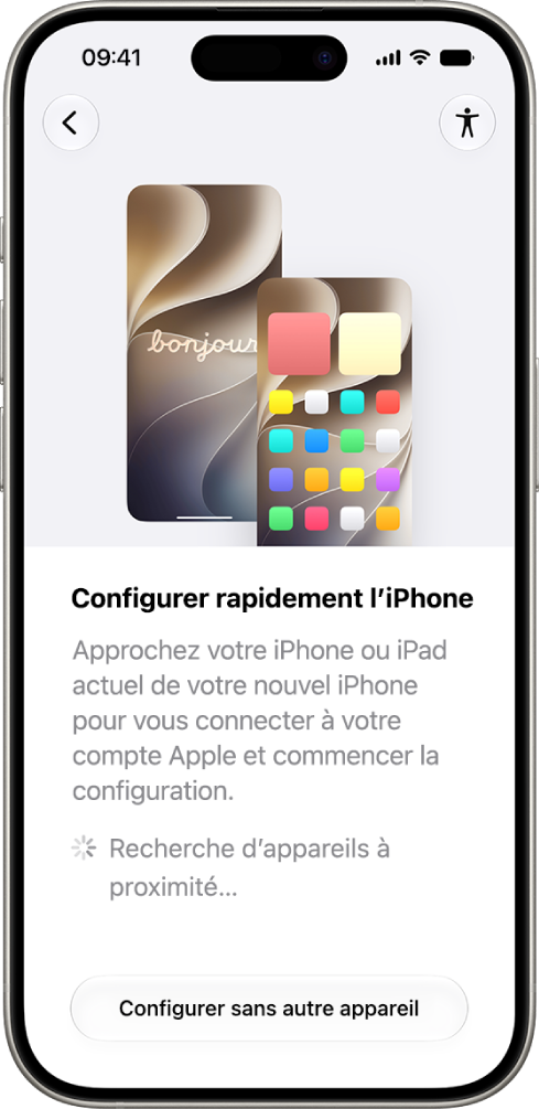 L’écran «&nbsp;Démarrage rapide&nbsp;» sur l’iPhone, qui recherche des appareils à proximité et propose de configurer l’appareil sans autre appareil.