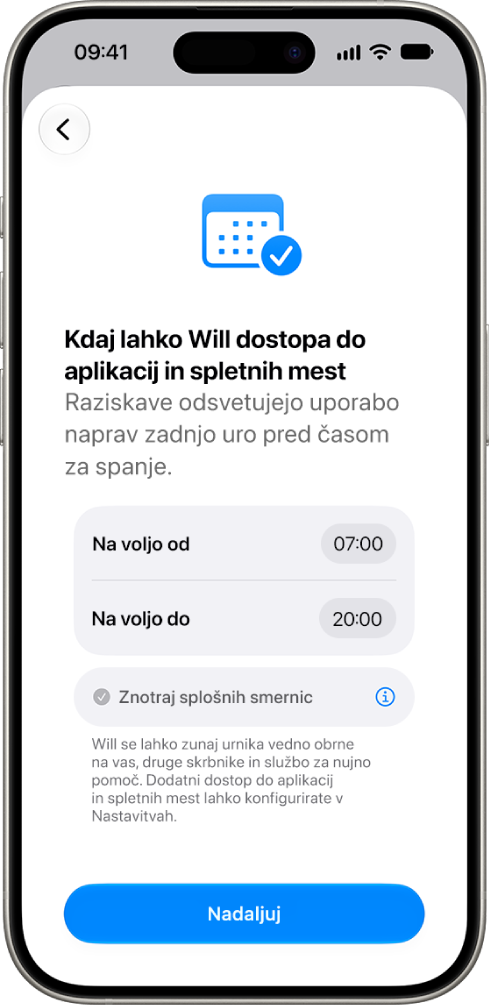 Zaslon za nastavitev starševskega nadzora, na katerem so prikazane možnosti za izbiro ur, med katerimi lahko otrok dostopa do svoje naprave.