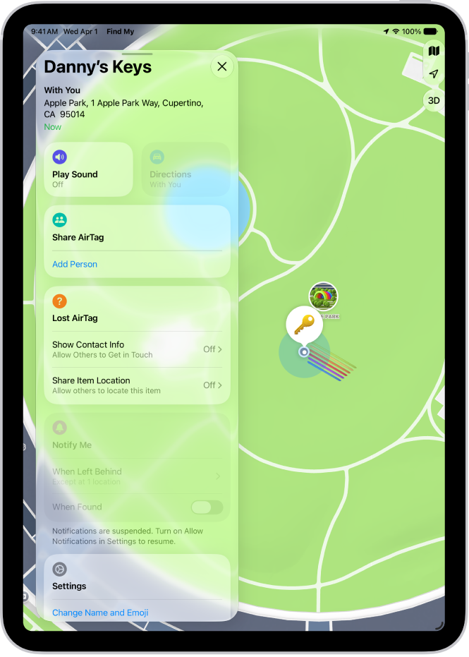 A Find My screen show an AirTags sharing their location.