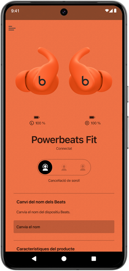 Pantalla del dispositiu de l’app Beats que mostra els auriculars intraurals Powerbeats&nbsp;Fit connectats.