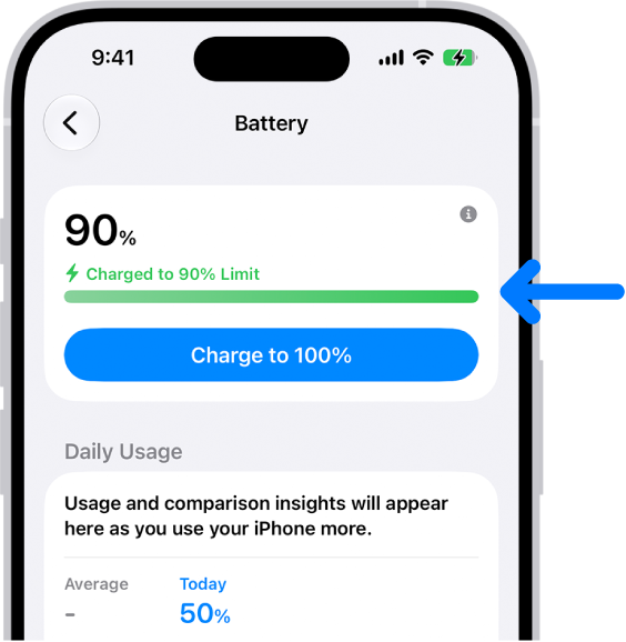 The charging information card in iPhone Battery settings. The card shows the battery at 90% with the message “Charged to 90% Limit.” A button provides the option to “Charge to 100%.