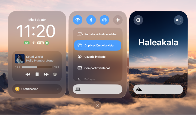 El centro de control está abierto en el Apple&nbsp;Vision&nbsp;Pro y muestra controles para las conexiones Wi-Fi y Bluetooth, el volumen, el ambiente y más.