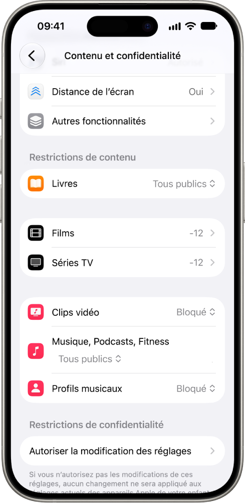 L’écran «&nbsp;Contenu et confidentialité&nbsp;» des réglages «&nbsp;Temps d’écran&nbsp;», affichant les options de restrictions de contenu dans des applications comme Livres, Films, etc.