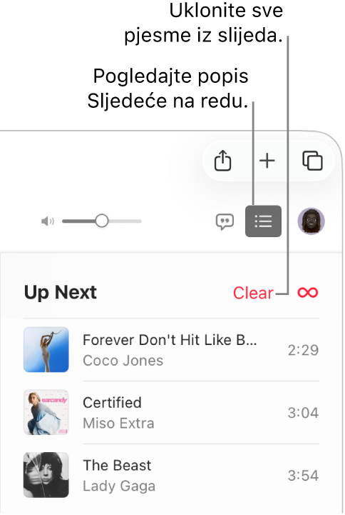 Odabrana je tipka Sljedeće na redu u gornjem desnom kutu usluge Apple Music i vidljiv je redoslijed. Kliknite link Očisti na vrhu popisa za uklanjanje svih pjesama iz redoslijeda.