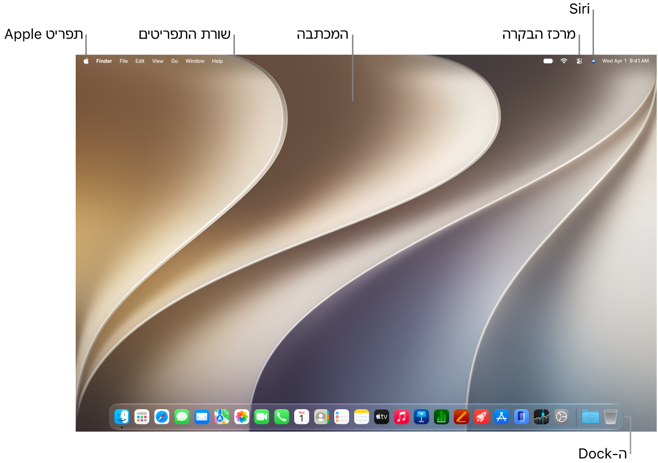מכתבה של Mac מציגה את שורת התפריטים בראש המסך ואת ה-Dock בחלק התחתון.