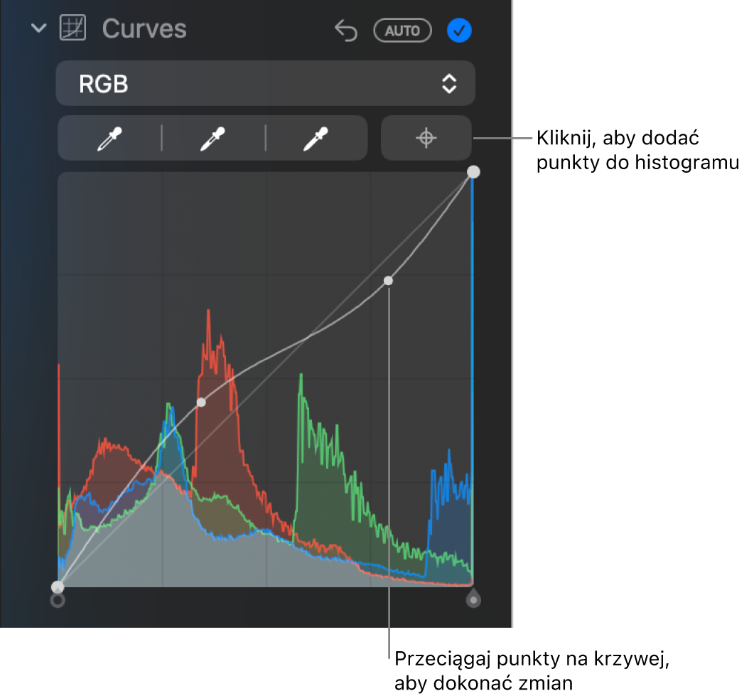 Narzędzia pod etykietą Krzywe w&nbsp;panelu Korekta. W&nbsp;prawym górnym rogu widoczny jest przycisk dodawania punktów. Poniżej znajduje się histogram RGB.