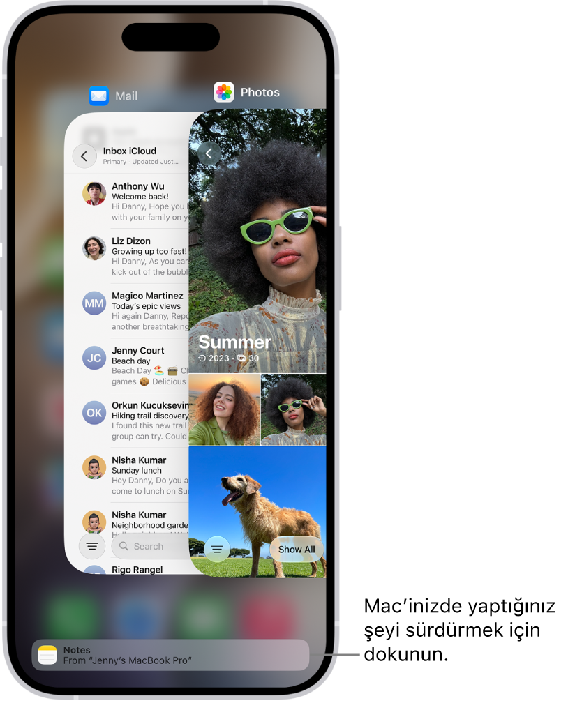 iPhone’daki Uygulama Değiştirici, ekranın en altında bir handoff bildirimini gösteriyor.