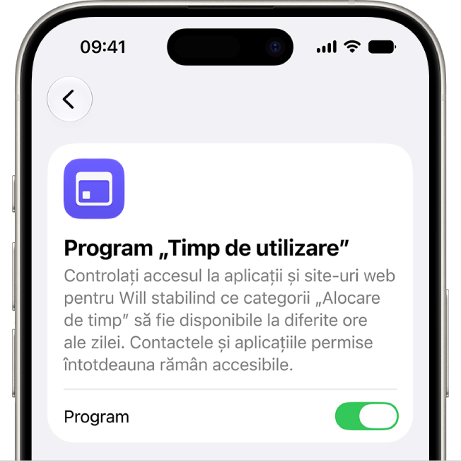 Ecranul Program „Timp de utilizare”.