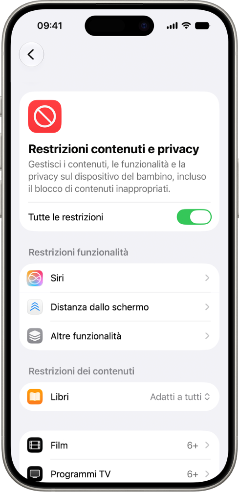 La schermata “Restrizioni contenuti e privacy” di “Tempo di utilizzo” con le opzioni per le restrizioni per i contenuti e le funzionalità.