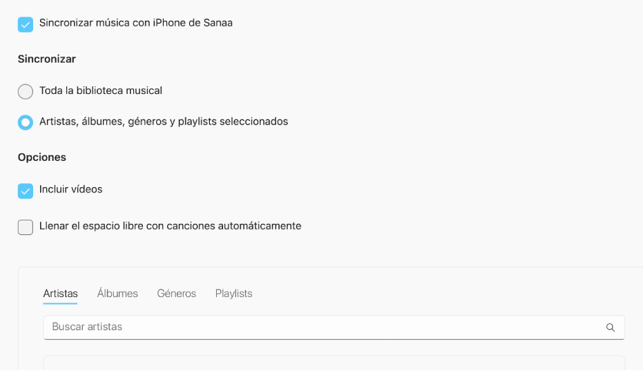 La casilla “Sincronizar música con el dispositivo” se muestra con opciones adicionales para sincronizar la biblioteca completa o solo la música seleccionada con vídeos y notas de voz.