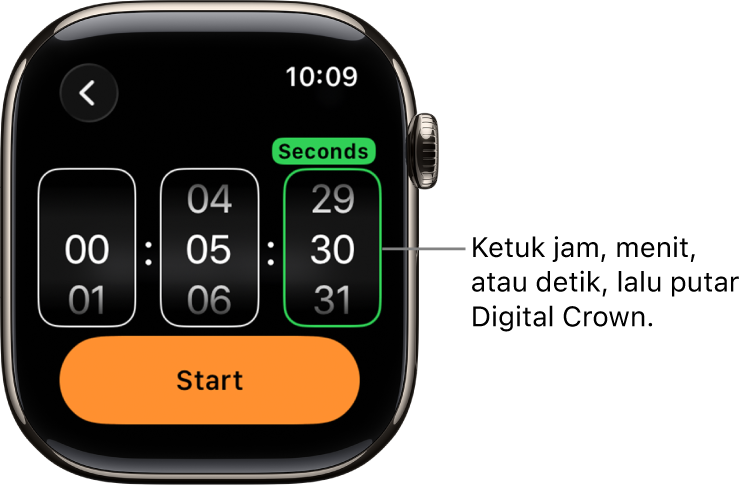 Pengaturan untuk membuat timer khusus, dengan jam di sebelah kiri, menit di sebelah tengah, dan detik di sebelah kanan. Tombol Mulai terdapat di bawah.