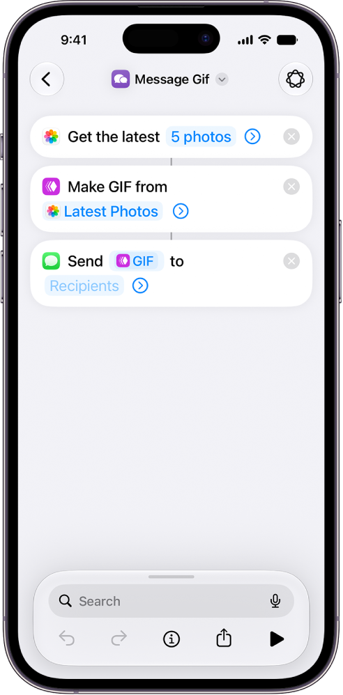 Shortcut editor showing the sequence of actions in a shortcut.