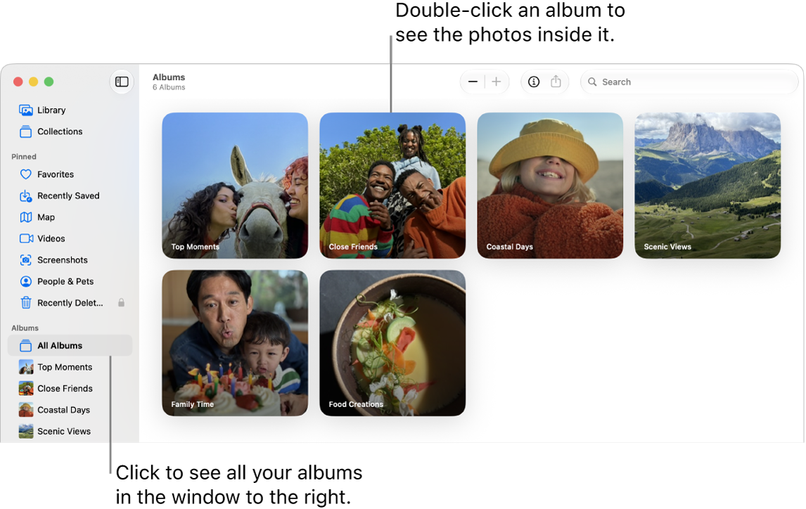The Photos window with Albums selected in the sidebar, and albums shown on the right.