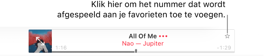 De bovenkant van de Apple Music-pagina waarin een nummer wordt afgespeeld. Klik op de knop 'Favorieten' rechts naast de titel van het nummer dat wordt afgespeeld om het als favoriet te markeren of minder van dit soort muziek voor te stellen.