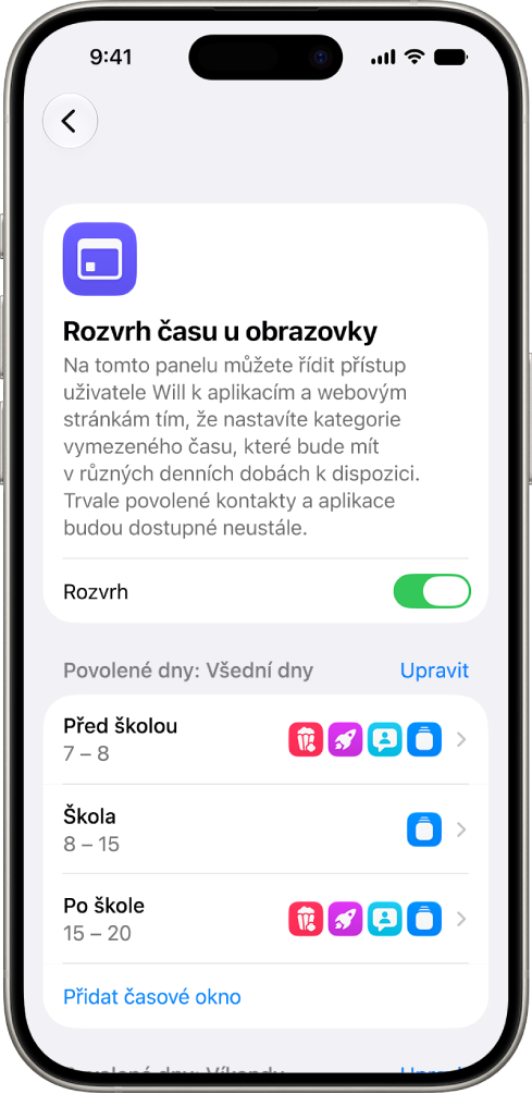 Panel Rozvrh času u&nbsp;obrazovky v&nbsp;nastavení Času u&nbsp;obrazovky, na němž je vidět rozvrh pro všední dny s&nbsp;časovými okny Před školou, Ve škole, Po škole.