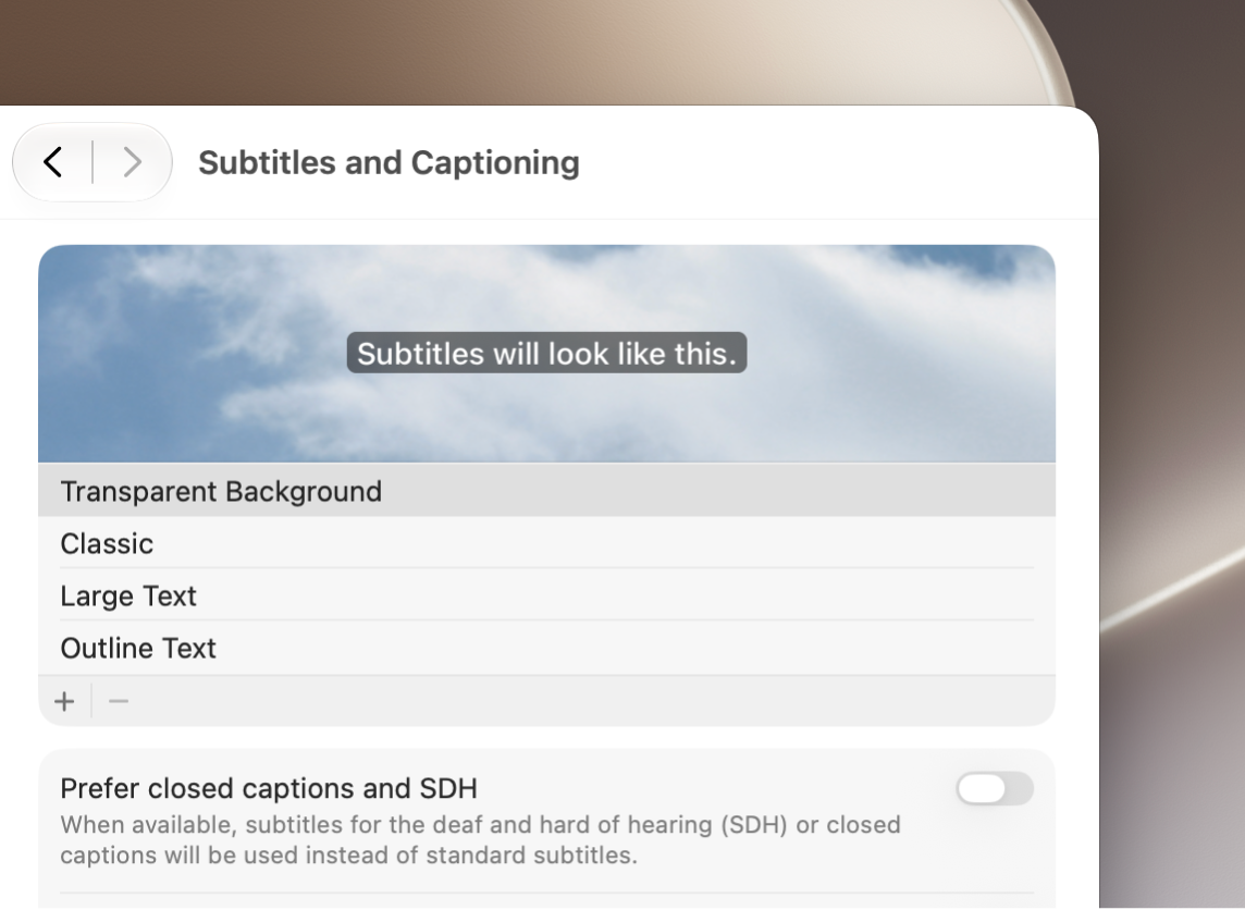 The Captions settings window, showing an example of large text subtitles.