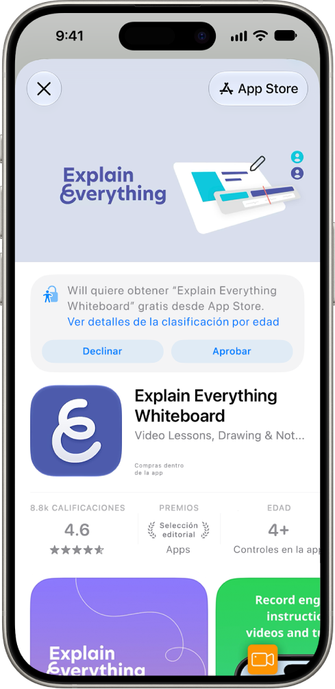 Solicitud de un menor para descargar una nueva app en App&nbsp;Store.